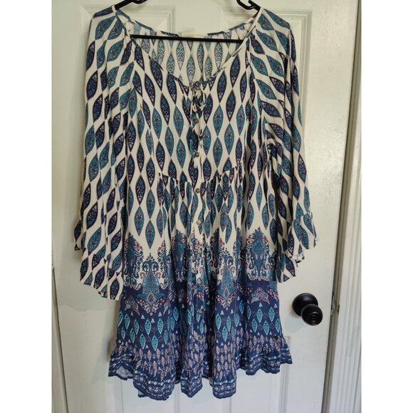 Roxy Mini Shift Dress Button-Up Ruffle Sleeve 'Bluebird' Aqua Ivory Blue S - Picture 11 of 11